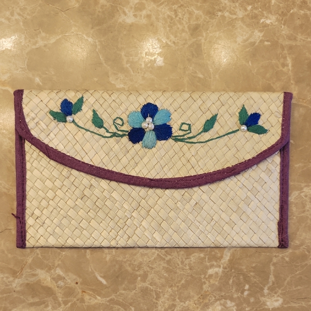 Elegant Cream and Purple Floral Embroidered Clutch/Billfold